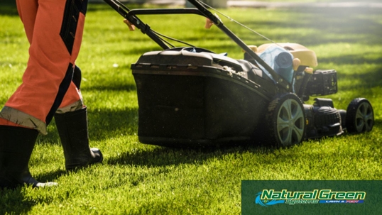 Photo of a man mowing a lawn