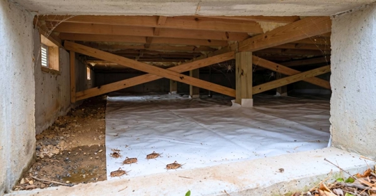 slightly damp crawlspace with crickets and spiders