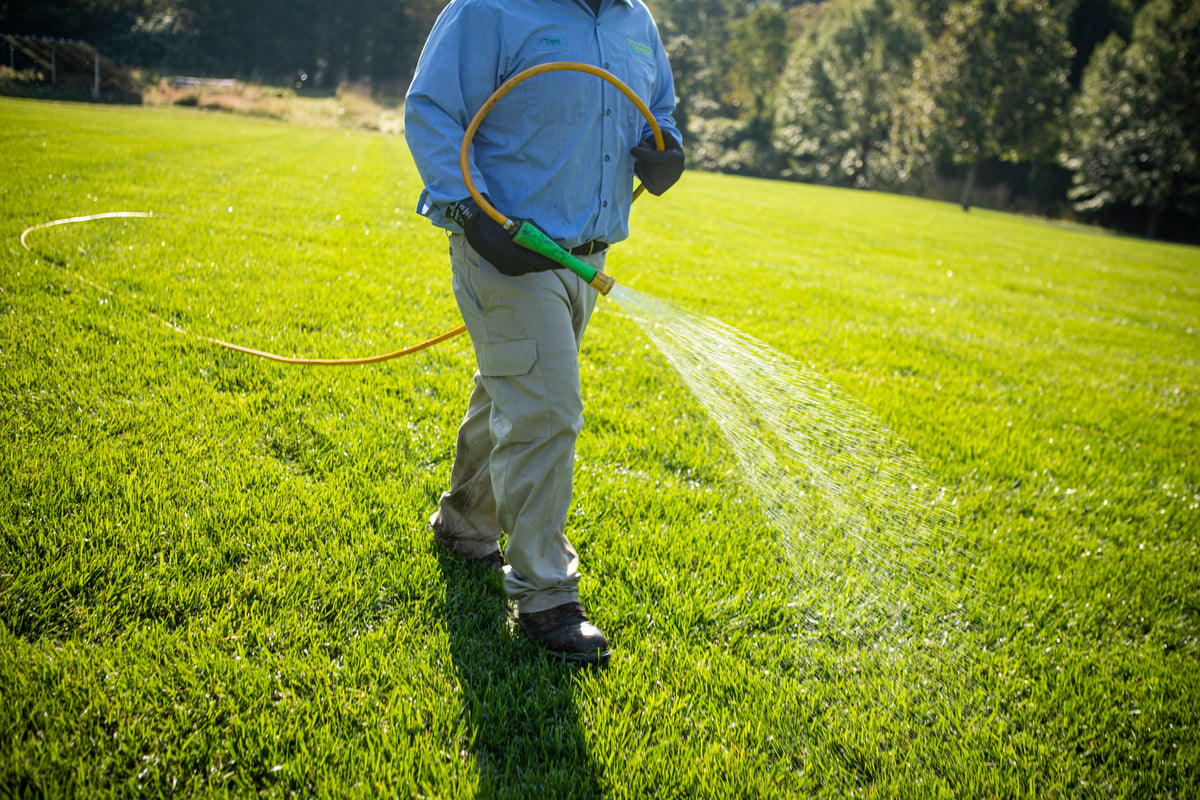 NaturalGreen lawn care technician spraying weed control 