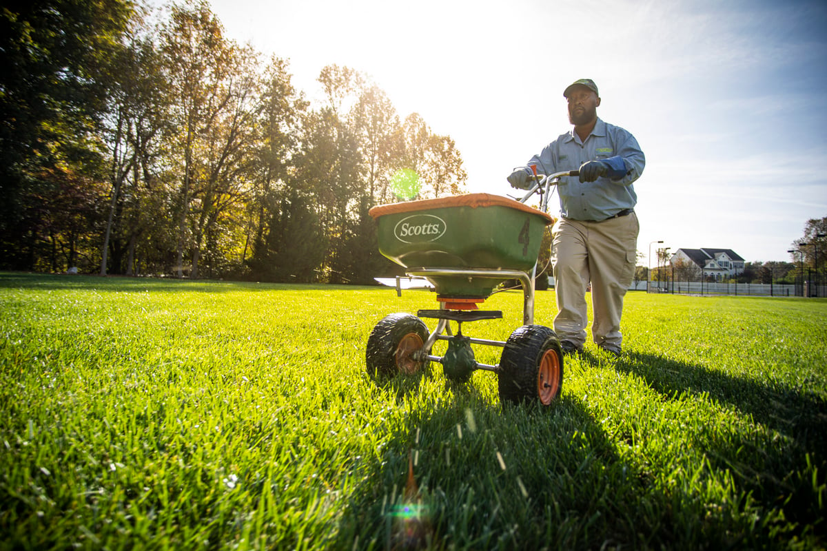 lawn care professional fertilizes lawn in fall