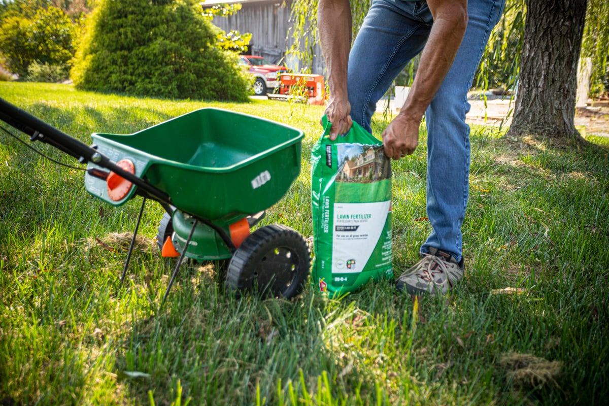 homeowner opens fertilizer to put in spreadre