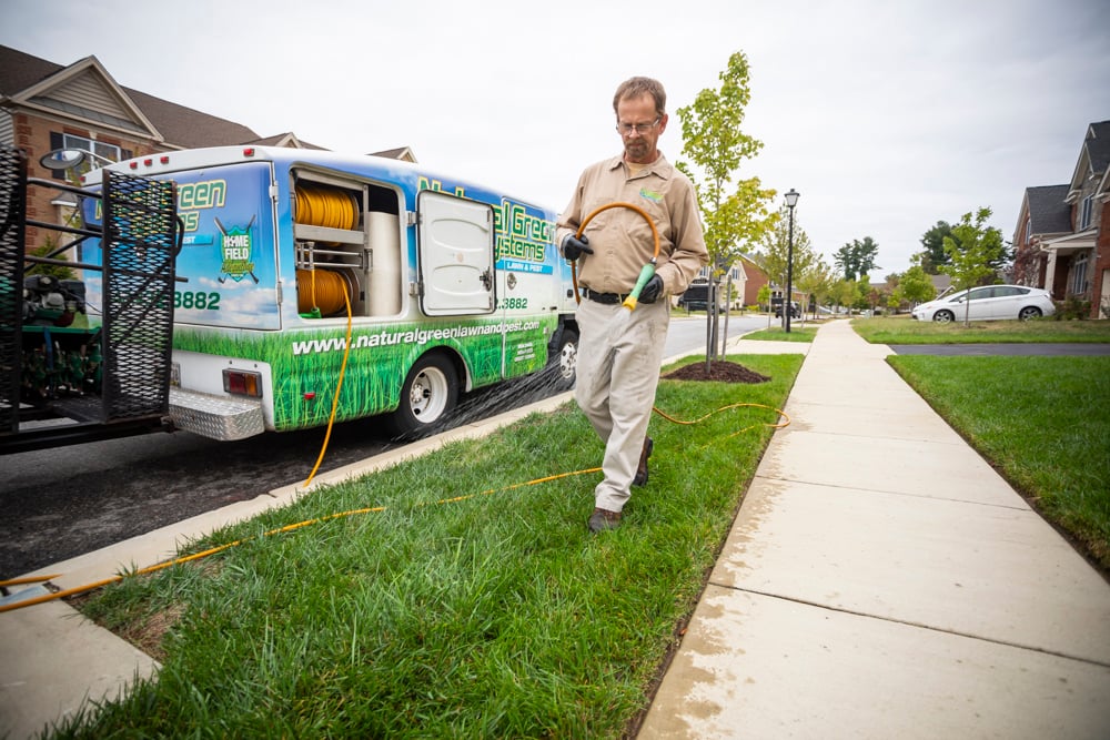 lawn care team sprays lawn with liquid fertilizer